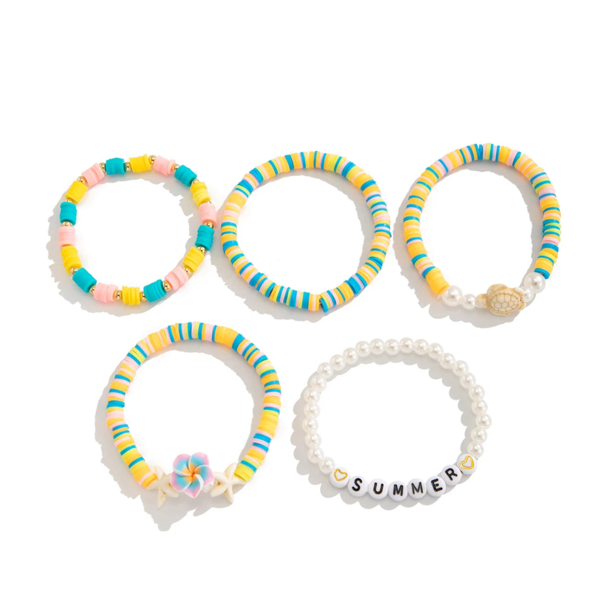 5Pcs/Set Romantic Tiny Flower Plastic Turtles Chain Bracelets Women Boho Polymer Clay Charm Bangles Y2K Summer Jewelry
