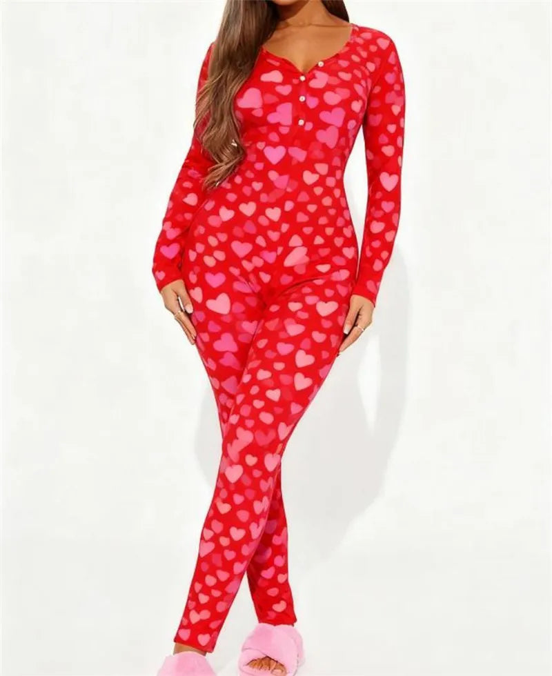 Women Valentines Sexy Heart Print Long Sleeve Slim Fit Romper Pajamas Holiday Bodycon Button Up Jumpsuit Cute Pjs