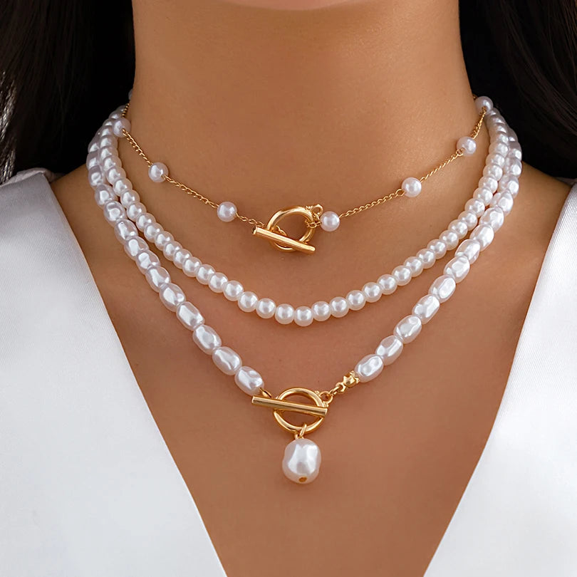 Vintage Imitation-Pearl Heart OT Buckle Pendant Necklace Women Wedding Bridal Bead Chain Neck Accessories Jewelry New