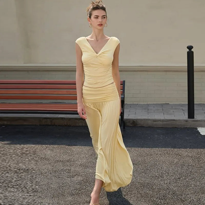 2 Piece Sets Woman Brunch Outfit Twisted V Neck Crop Top and Pleated Long Skirt Matching Sets