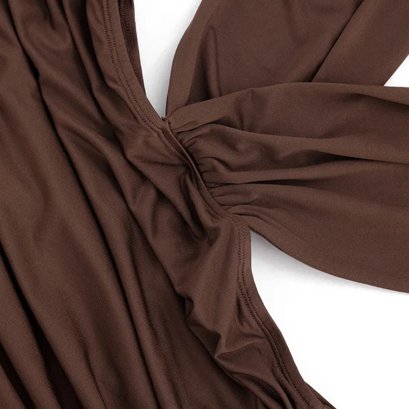 Deep V Neck Backless Ruched Maxi Dresses 2026 Woman Sexy Party Dress Brown