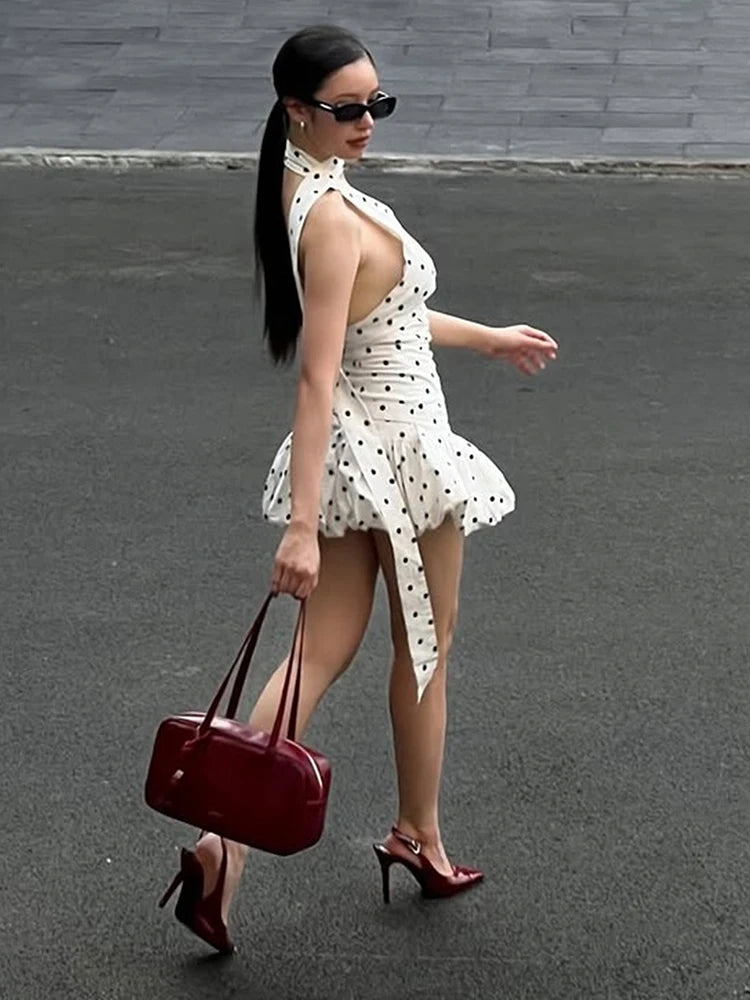 Polka Dot Print Dress Women Slanted Shoulder Scarf Folds Puffy Hem Summer Fashion Elegant Street Skinny Mini Bodycon