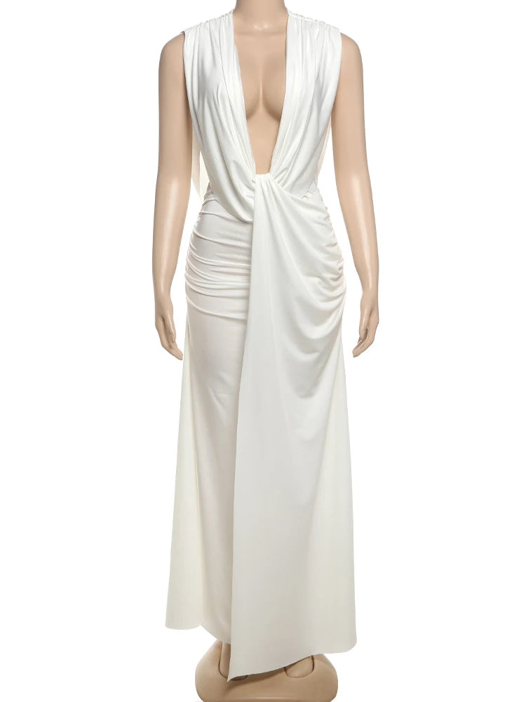 Ruched Elegant Dress Women Sexy Deep V-Neck Sleeveless High Elasticity Wrap Buttocks Beach Party Solid Long Bodycon