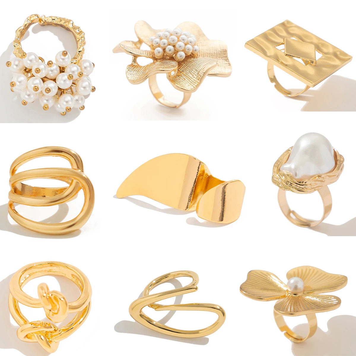 20 Styles Boho Unique Gold Color Petal Flower Rings for Women Punk Geometric Adjustable Rings Couple New Year Jewelry