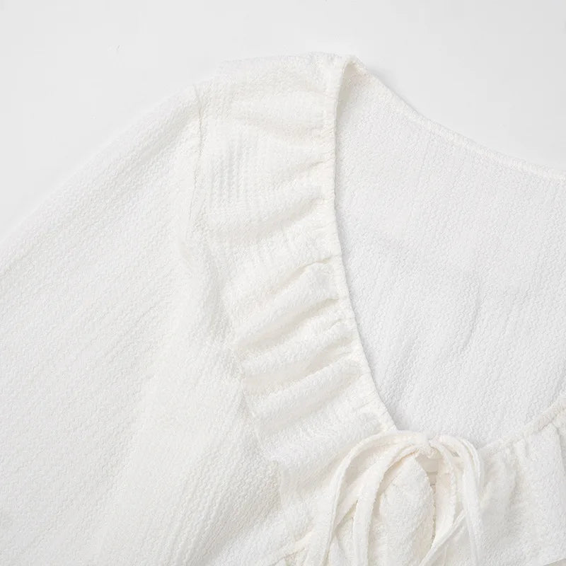 V Neck Ruffled Long Sleeve Tops for Woman Elegant White Shirts and Blouses Resort Wear Tie Front Cardigan