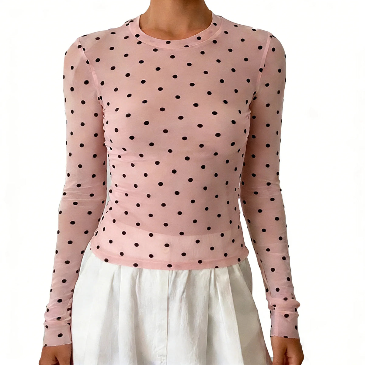 Women's Polka Dot Mesh Long Sleeve Top Sheer Slim Fit Crew Neck T-Shirt Y2K See-Through Casual Streetwear Blouse