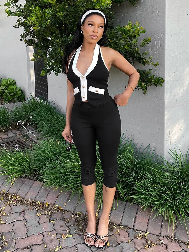 Metal Buckle Women 2 Piece Set Halter Patchwork Backless Tank Tops+Mid Short Matching Slim Streetwear Elegant Outfits