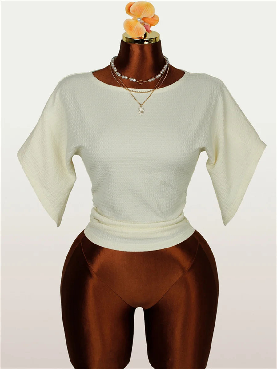 Bell Sleeve T-Shirt Women Elegant Fashion Simple O-Neck Stretch Skinny Hottie Autumn Trend Party Street Crop Tess