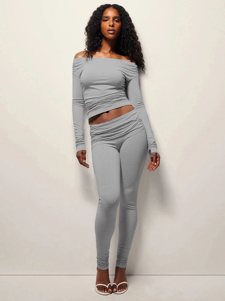 Sporty Tracksuits 2-Piece Set Women Slash Neck Crop Top+Ruched Pants Matching Simple Stretch Skinny Casual Outfits
