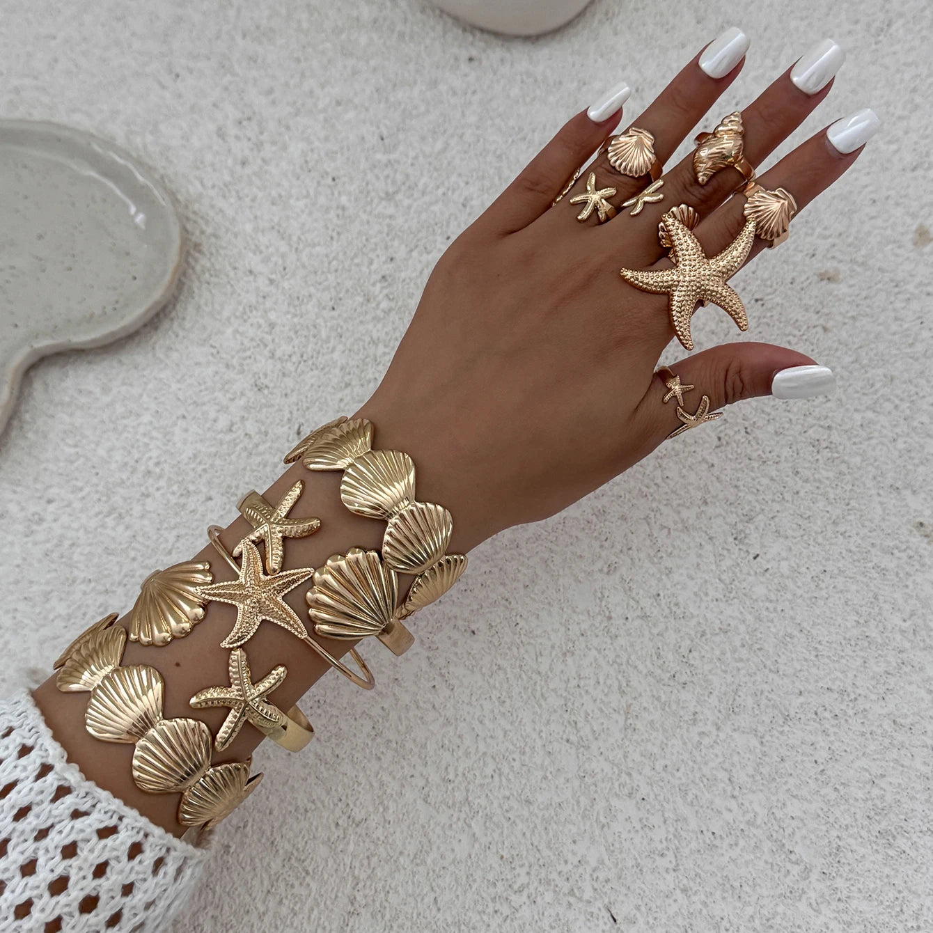 12Pcs/Set Punk Starfish Scallop Open Cuff Bangles Adjustable Rings for Women Boho Armband Bracelets Summer Jewelry Set