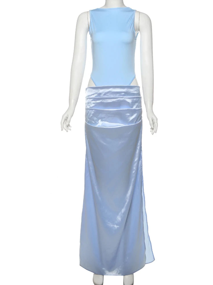 Elegant Simple Women 2 Piece Set Backless Bodysuit Tops+Ruched Side Split Satin Skirts Matching Street Party Suits