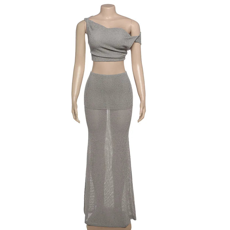 Two Piece Set for Women Skirt and Top Elegant Gray Knit One Shoulder Maxi Dress Set Summer New Arrivals 2025