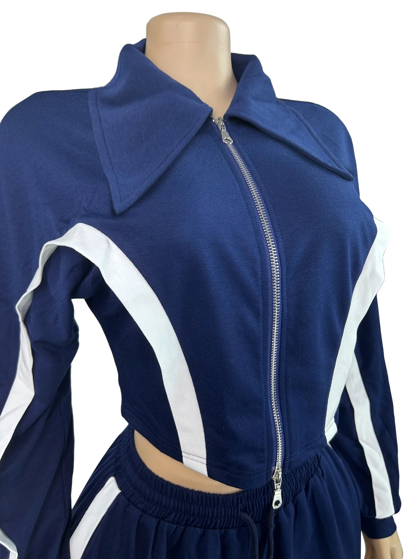 Casual Tracksuit 2-Piece Set Women Stripe Patchwork Zip Lapel Crop Jacket+Drawstring Pants Matching Sporty Outfits