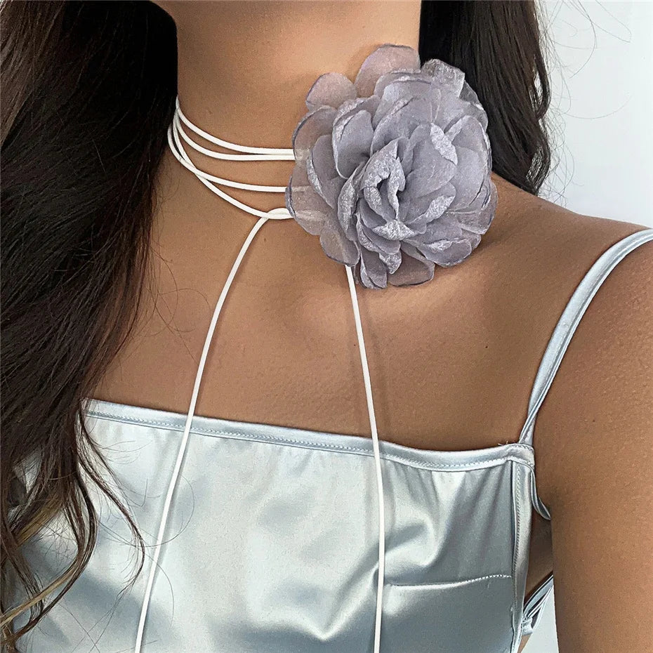 Exaggerated Big Rose Flower Choker Necklace for Women Wed Bridal Goth Kpop Adjustable Bowknot Chain Y2K Accessories New