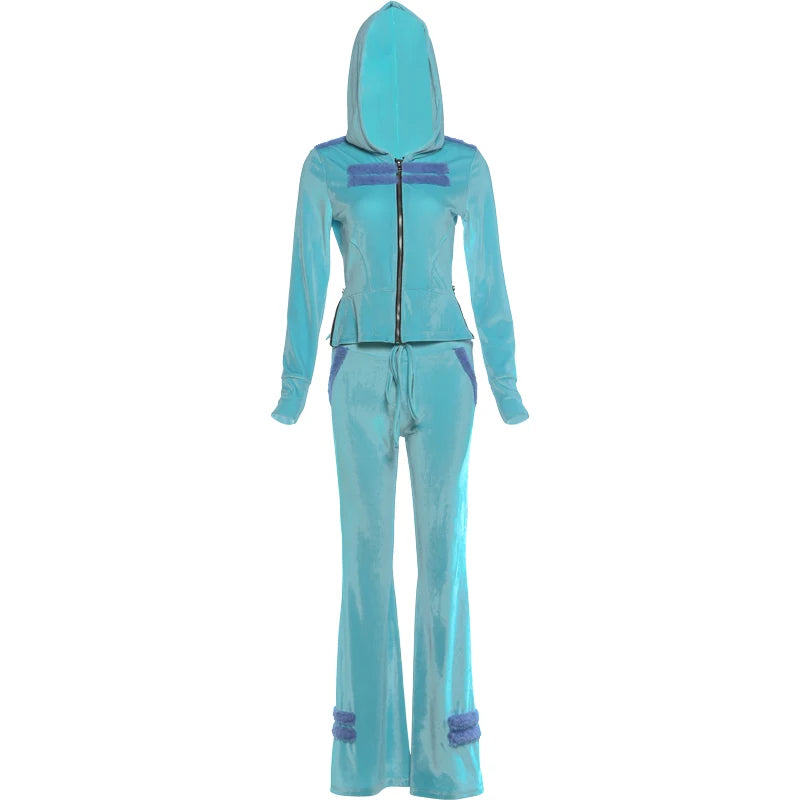 Patchwork 2-Piece Set Women Hooded Zip Full Sleeve Crop Coat+Drawstring Flare Pant Classic Sporty Casual Streetwear