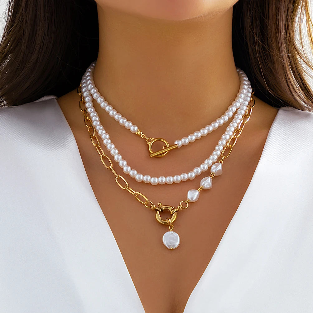 Vintage Imitation-Pearl Heart OT Buckle Pendant Necklace Women Wedding Bridal Bead Chain Neck Accessories Jewelry New