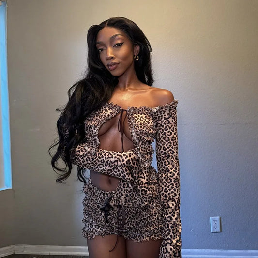 Leopard Print Two Piece Set Womens Clothes Y2k Sexy Long Sleeve Crop Top Cardigan and Shorts Matching Outfits