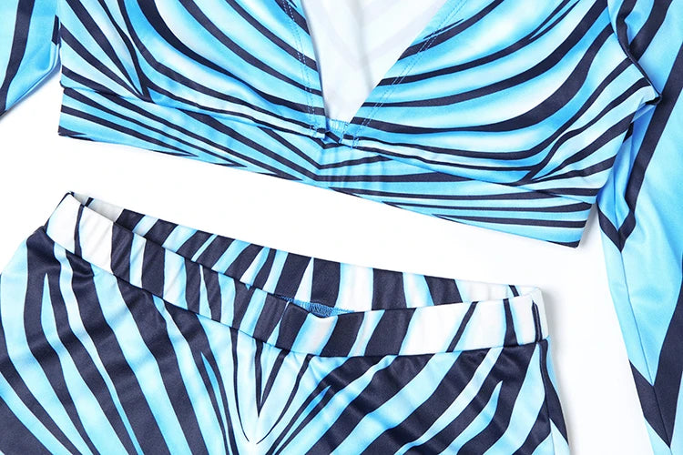 Zebra Print 2piece Set Women Tracksuit Casual Hipster Deep v-Neck Crop Tops+Shorts Stretch Streetwear Matching Suit