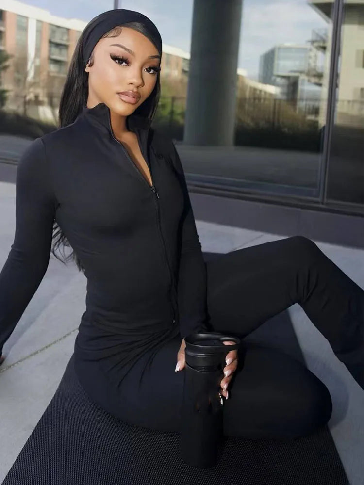 Casual Tracksuit Women 3-Piece Set Sporty Stretch Zip Crop Jacket+Leggings+Headband Fitness Stretch Street Outfits