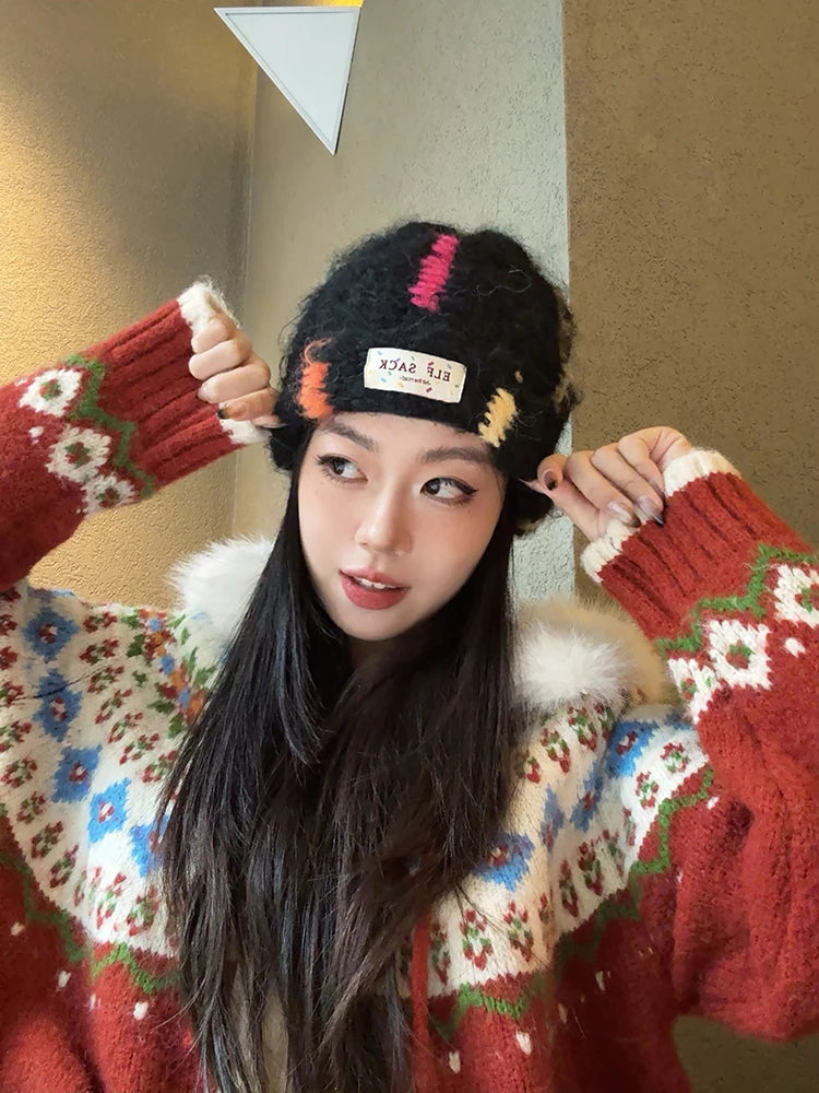 Y2K Cute Color Block Patch Logo Warm Knit Beanie For Women