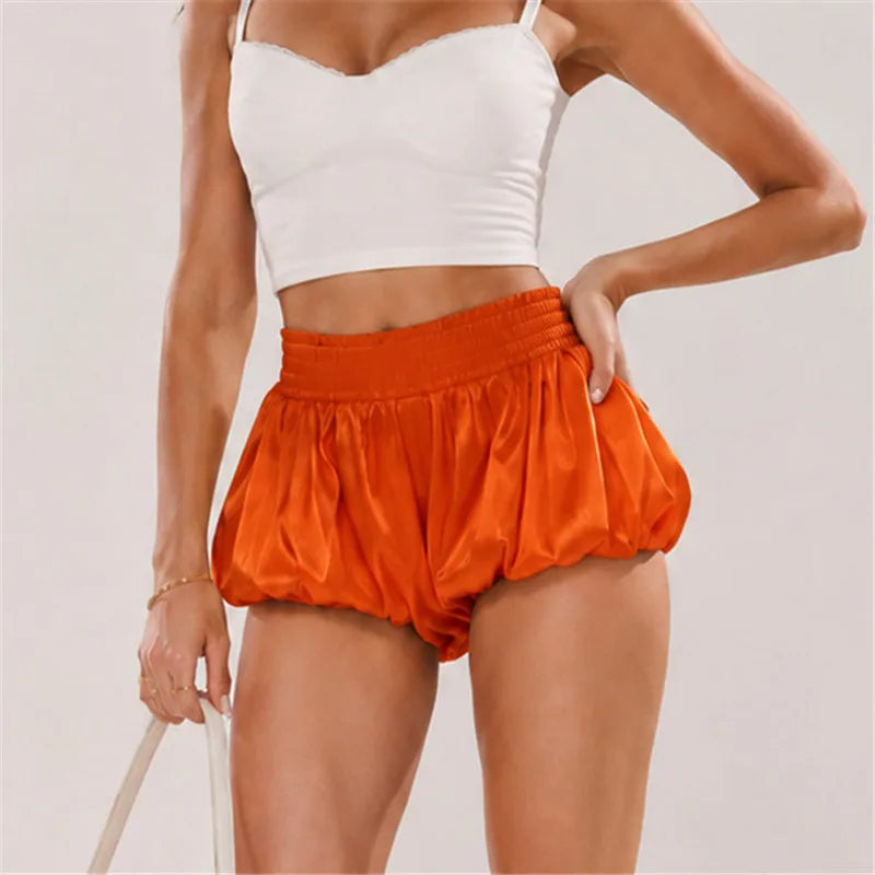 Women Elastic Smocked High Waist Satin Bubble Shorts Loose Pleated Puff Balloon Lantern Shorts Rave Party Club Bottoms