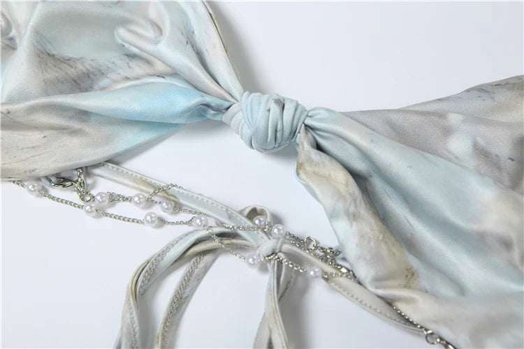 Gradient Chain Dress Women Halter Y2K Sexy Club Glitter Ruched Waistless Knot Backless Birthday Midnight Vestidos