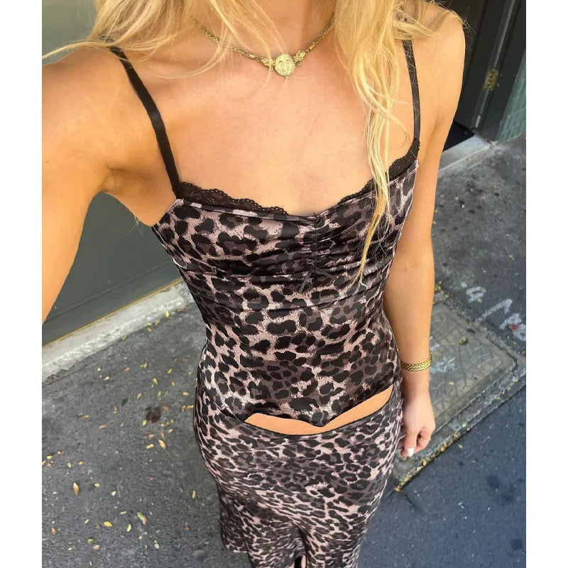 Leopard Print Lace Trim Cami Top and Long Skirt Set Summer Sexy Outfit Two Piece Sets Trendy Clothes