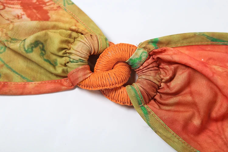 Sexy Colorful Print 3 Piece Set Women Y2K Double Buckle Tube Bra+Thong+Split Skirts Vacation Beach Swimsuit Clubwear