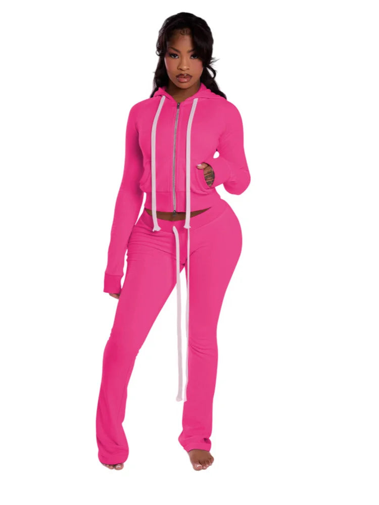 Sporty Casual 2 Piece Set Women Tracksuit Hooded Full Sleeve Zip Crop Jacket+Shirring Pants Basic Stretch Streetwear