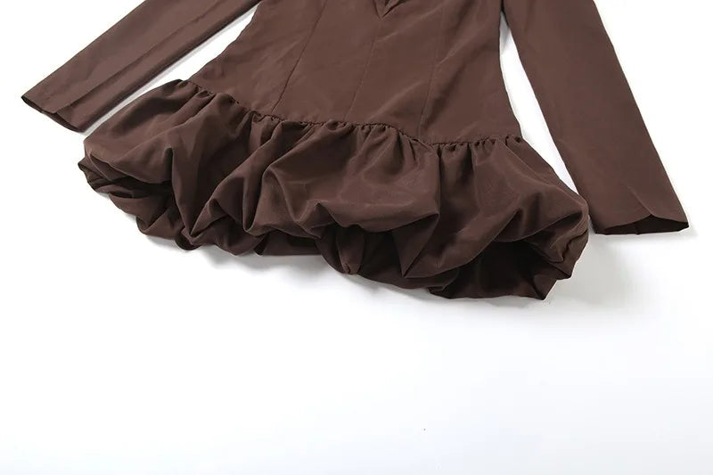 Brown Plunge Puff Hem Blazer Dress Sexy Deep V Neck Long Sleeve Short Dresses for Woman Clothes Fall