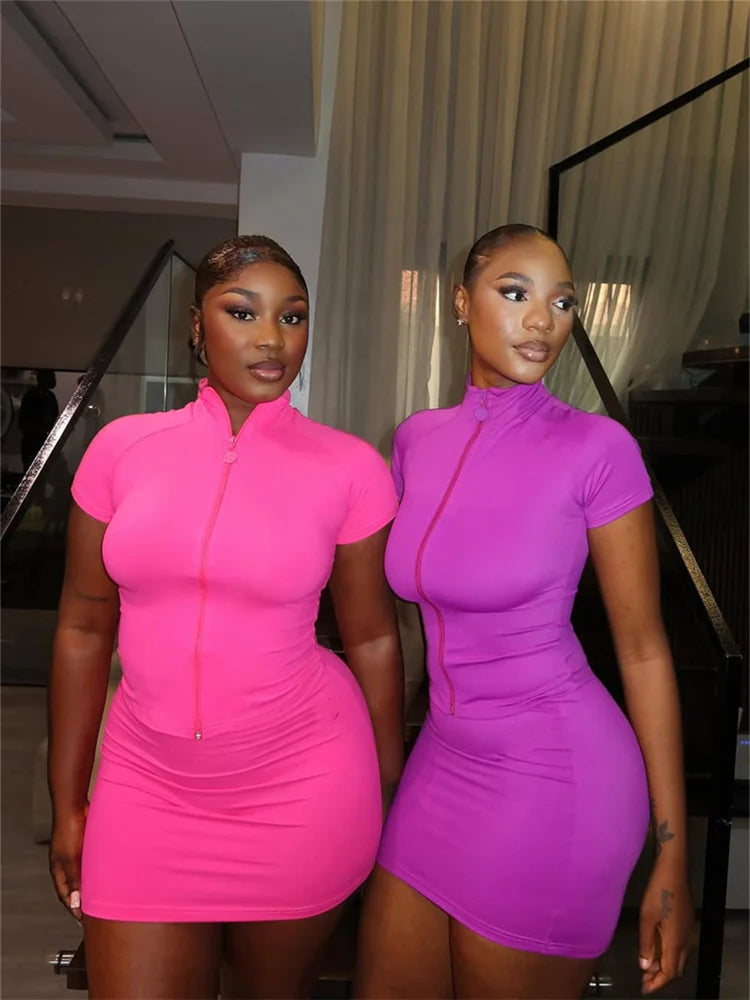 Casual Sporty 2 Piece Set Women Zip Cardigan Turtleneck Short Sleeve Tops+Skinny Mini Skirts Summer Trend Tracksuits