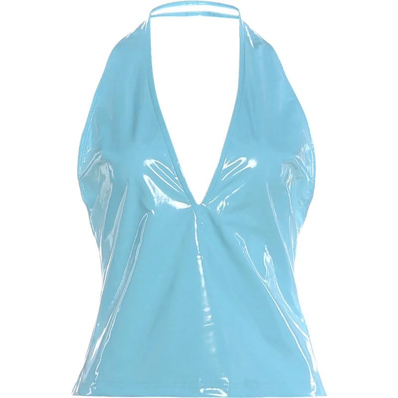 Wild Hottie Leather Tank Top Women Sexy Trend Halter Backless Low-Neck Fashion Classic Midnight Street Party Clubwear