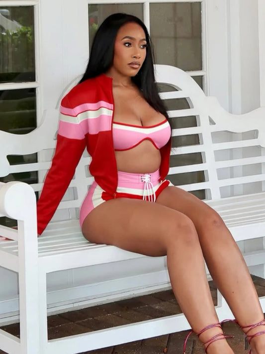 Colorblock Print 3 Piece Set Women Casual Zip Crop Tops+Bra+Shirring Shorts Matching Street Stretch Skinny Tracksuit