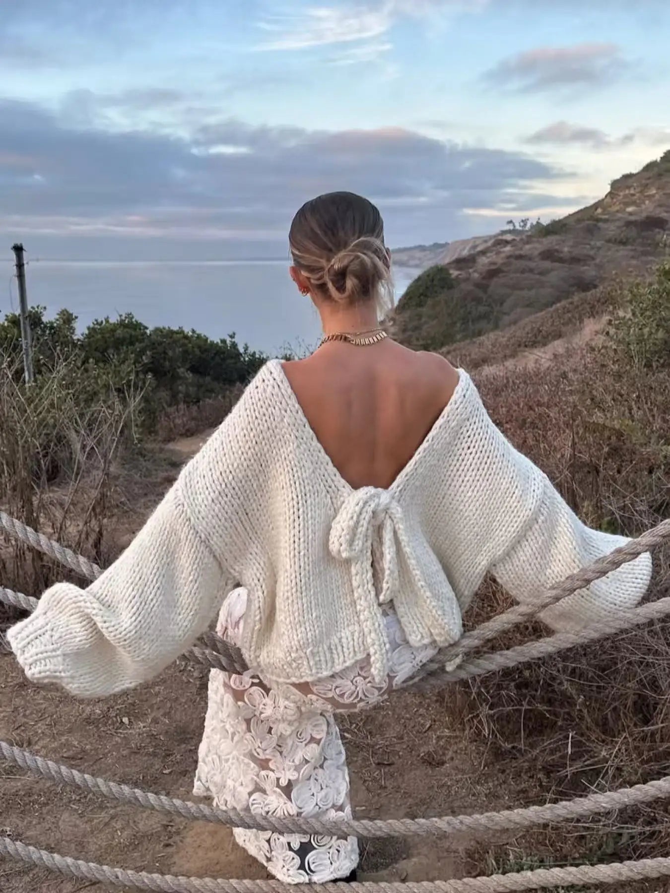 Elegant Sweater Women Autumn Long Batwing Sleeve Backless Lace-Up Two-Way Wear Coarse Needle Solid Gentle Simple Coat