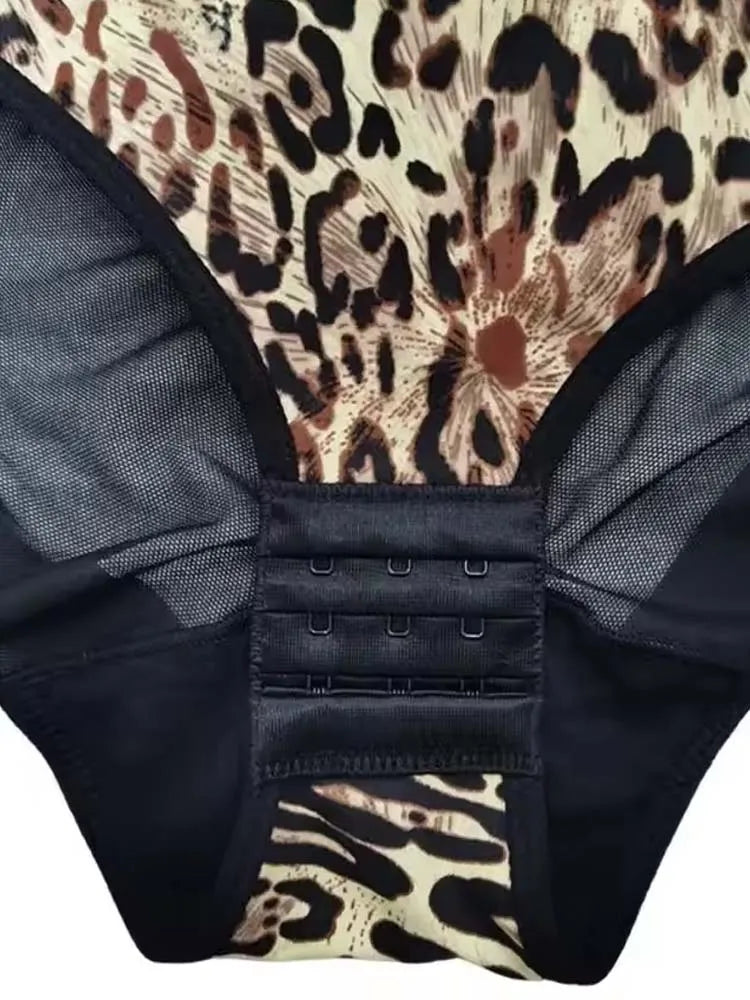 Padded Bra Bodysuits Women Sexy Leopard Print Mesh Patchwork Body Shaping Backless Sleeveless Beach Party Shapewear