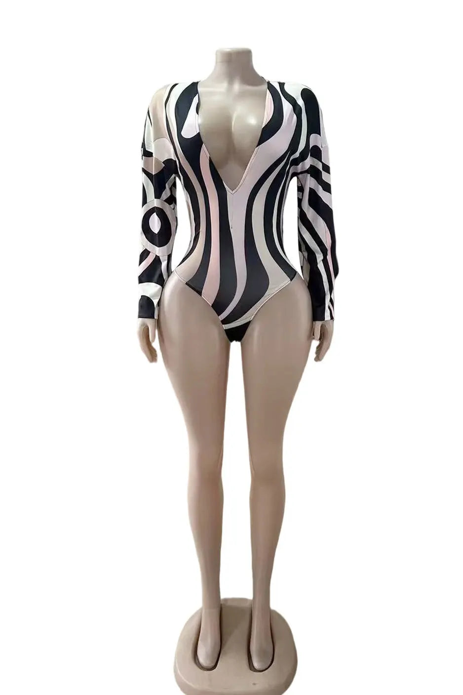 Colorful Print Women 2 Piece Set Deep v-Neck Full Sleeve Bodysuit+Mesh Shorts Matching Streetwear Sexy Hipster Suits