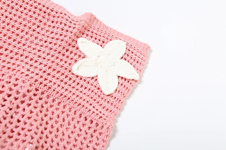 Crochet Women 2 Piece Set Sexy Applique Hollow Beach Back Bandage Strapless Tops+Shorts Midnight Vacation Clubwear