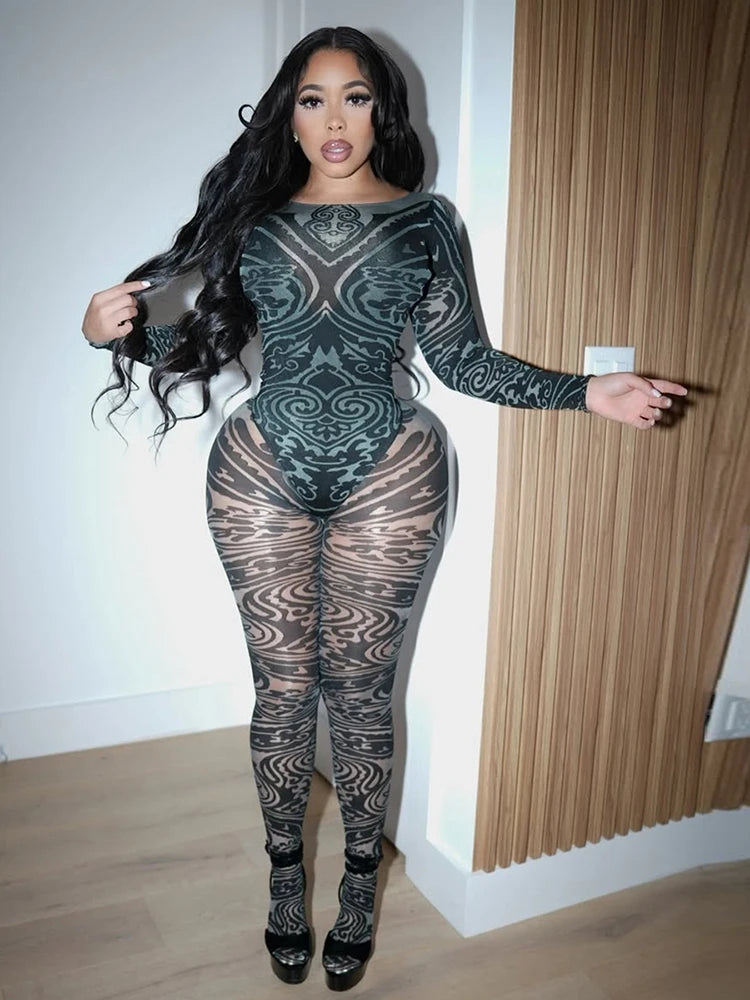 Sexy Women 2 Piece Set See Through Coquette Stretch Fall Hipster Bodysuit+Tight Leggings Matching Midnight Clubwear