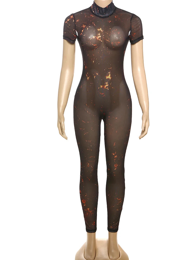 See Through Jumpsuit Women Coquette Summer Backless Peach Buttocks Colorful Print Tight Activity Clubwear Overalls