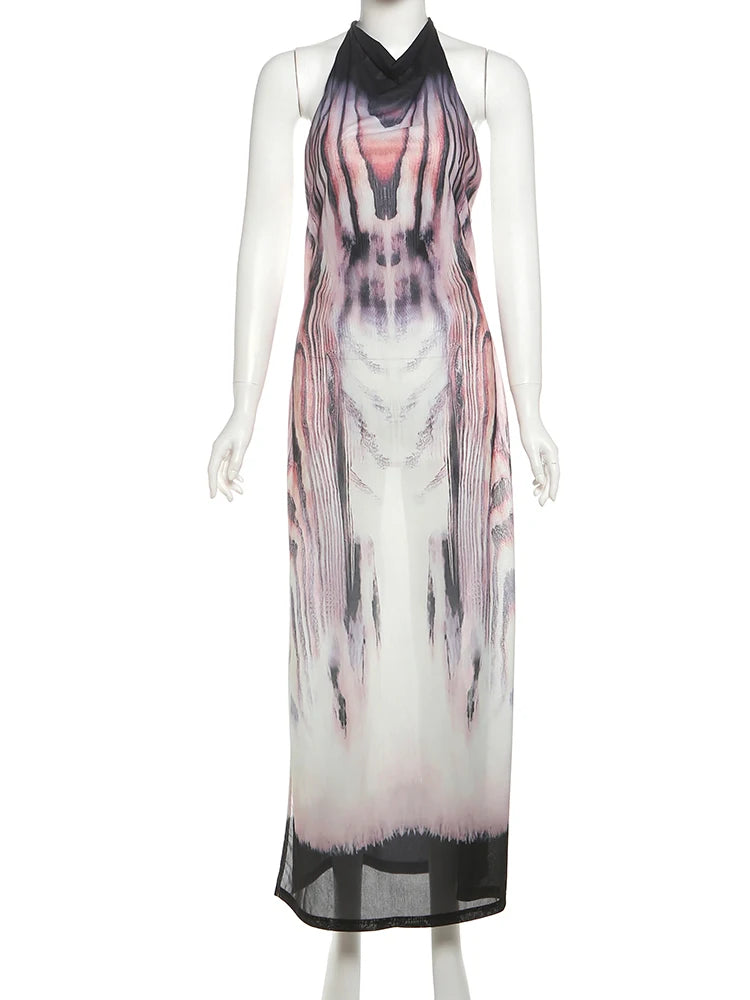 Backless Chain Dress Women See Through Sexy Y2K Sleeveless Gradient Print Side Split Midnight Clubwear Maxi Bodycon