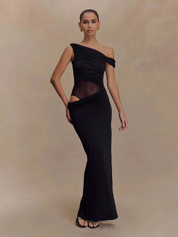 Mesh Spliced Cutout One Shoulder Split Long Dresses Green Black Elegant Party Dress Woman Clothing