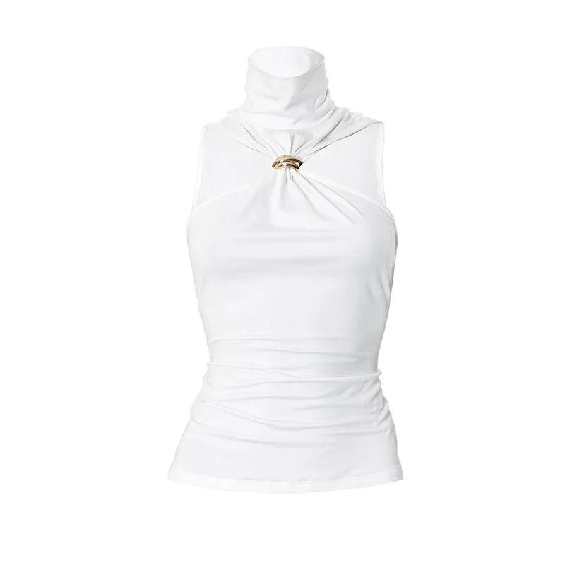 Gold Ring Turtleneck Tank Top White Sexy Sleeveless Tops Trending Women Summer Clothes 2025
