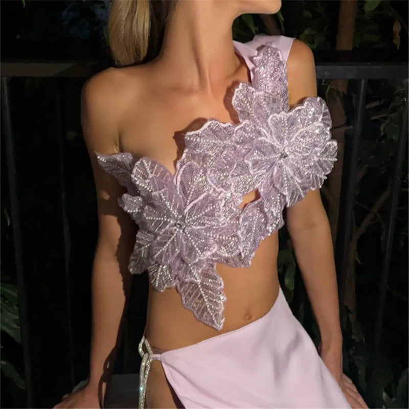Women Sexy Beach Vacation y2k Chic Skew Collar Tank Tops Sequin Flowers Lace Up Crop Tops Summer Lady Vacation Camisole