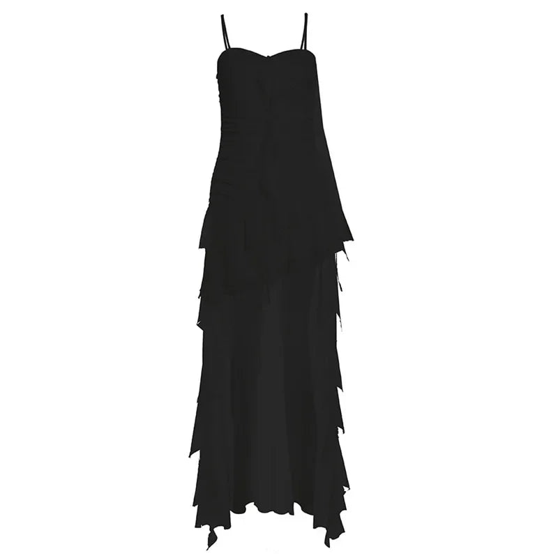 Y2k Sexy Mesh Ruffle Irregular High Low Dress White Black Sleeveless Long Dresses Summer Clothes Women 2024