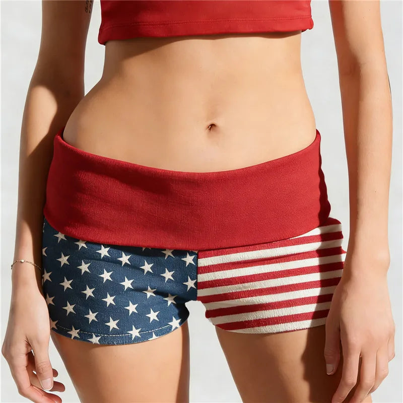 Womens Patriotic Shorts Casual Foldover Waist Stars and Stripes Print Slim Fit Shorts Streetwear Shorts Independence Day