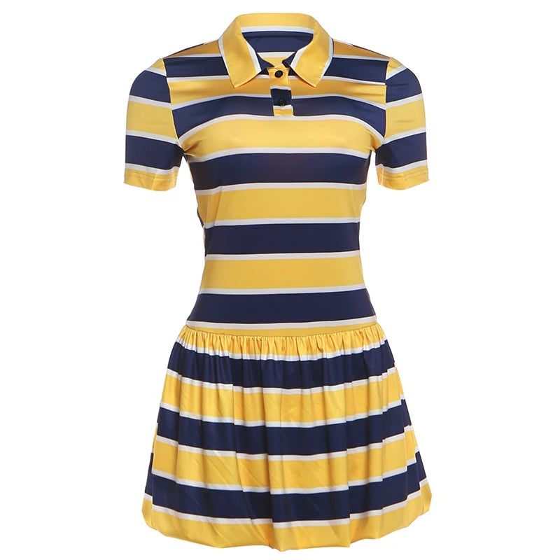 Stripe Print Mini Dress Woman Summer Trend Button Lapel Shots Sleeve Shape Waist Daily Casual Sporty Style Bodycon