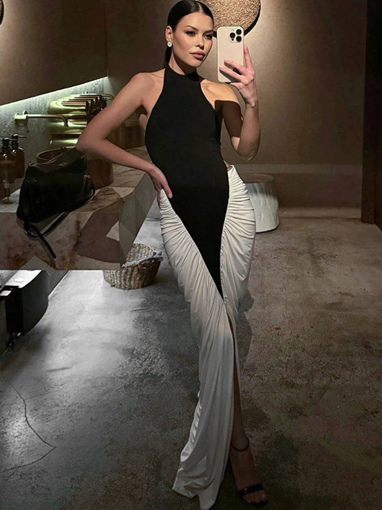 Ruched Maxi Dress Women Black White Patchwork Halter Backless Thin Slit Summer Trend Birthday Party Clubwear Vestidos