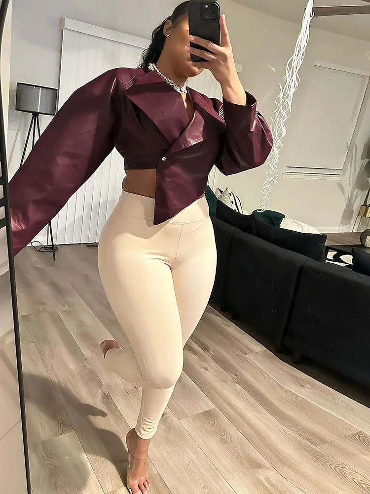 Single Button Crop Jacket Women Hipster Irregular Faux Leather Fall Trend Wild Basic Sexy Cross Neck Streetwear Coat