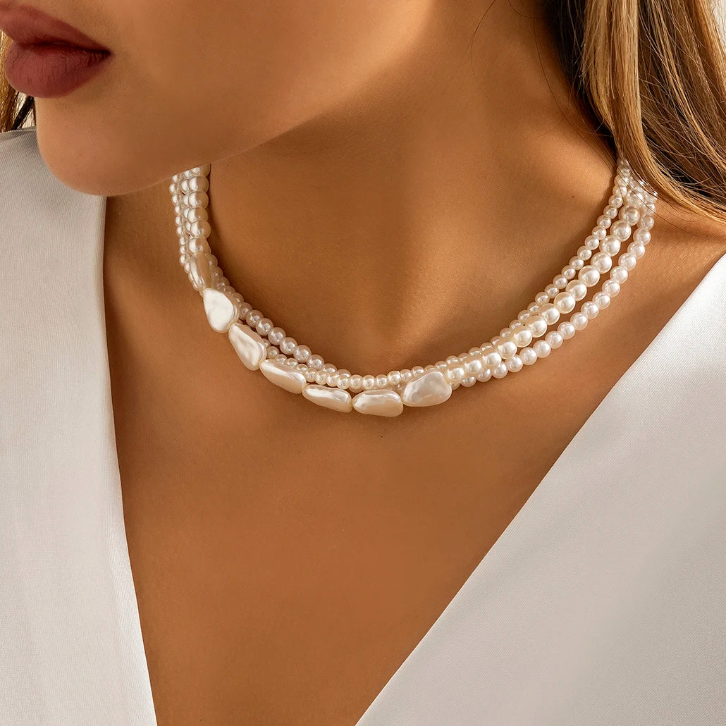 Vintage Imitation-Pearl Heart OT Buckle Pendant Necklace Women Wedding Bridal Bead Chain Neck Accessories Jewelry New