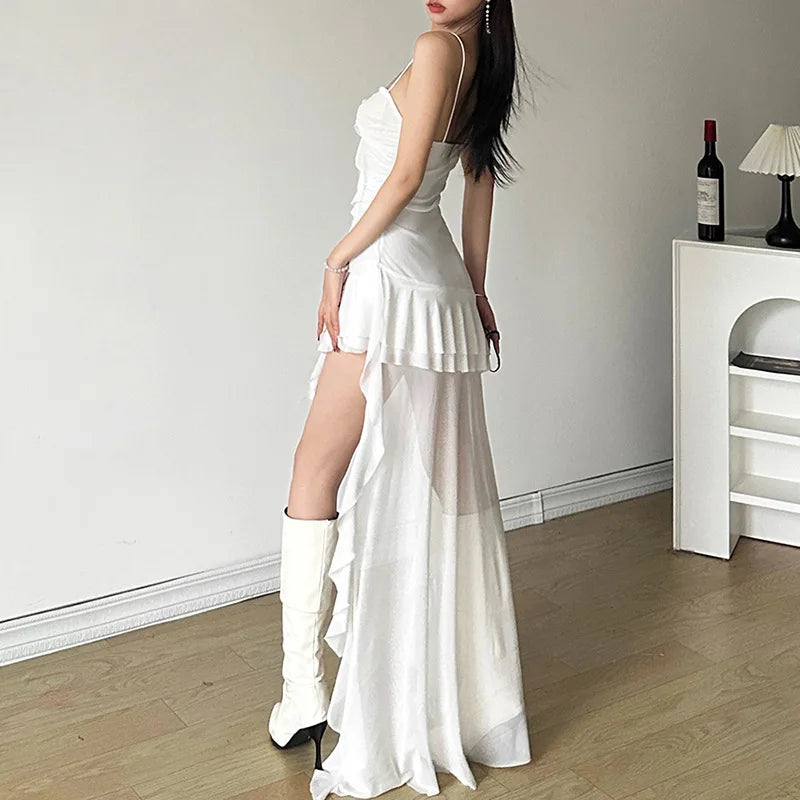 Y2k Sexy Mesh Ruffle Irregular High Low Dress White Black Sleeveless Long Dresses Summer Clothes Women 2024